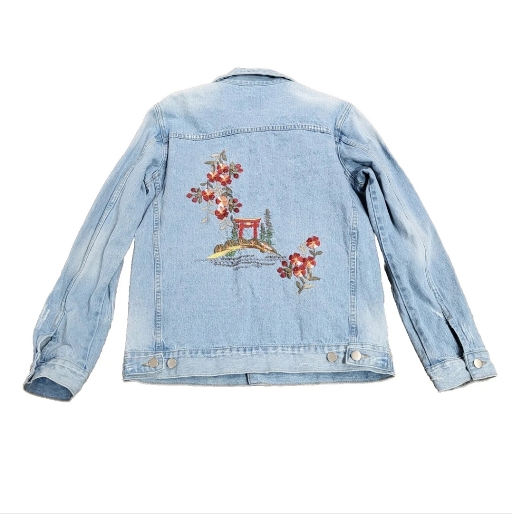 Laju Los Angeles Sakura Cherry Blossom Embroidered Denim Jacket M